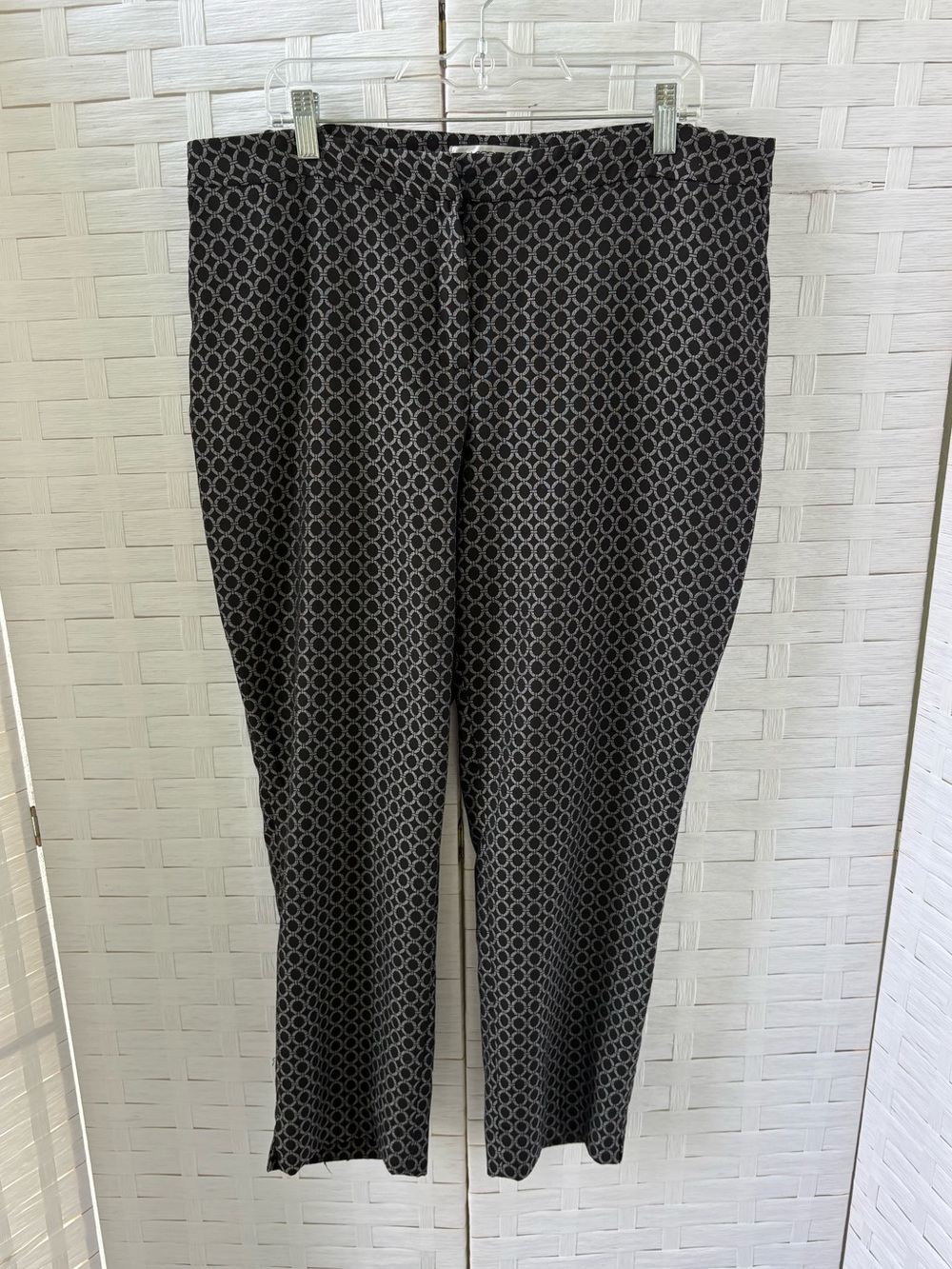 Kasper Size 14 Black White Geo Circle Front Zip Straight Trousers Pockets Career